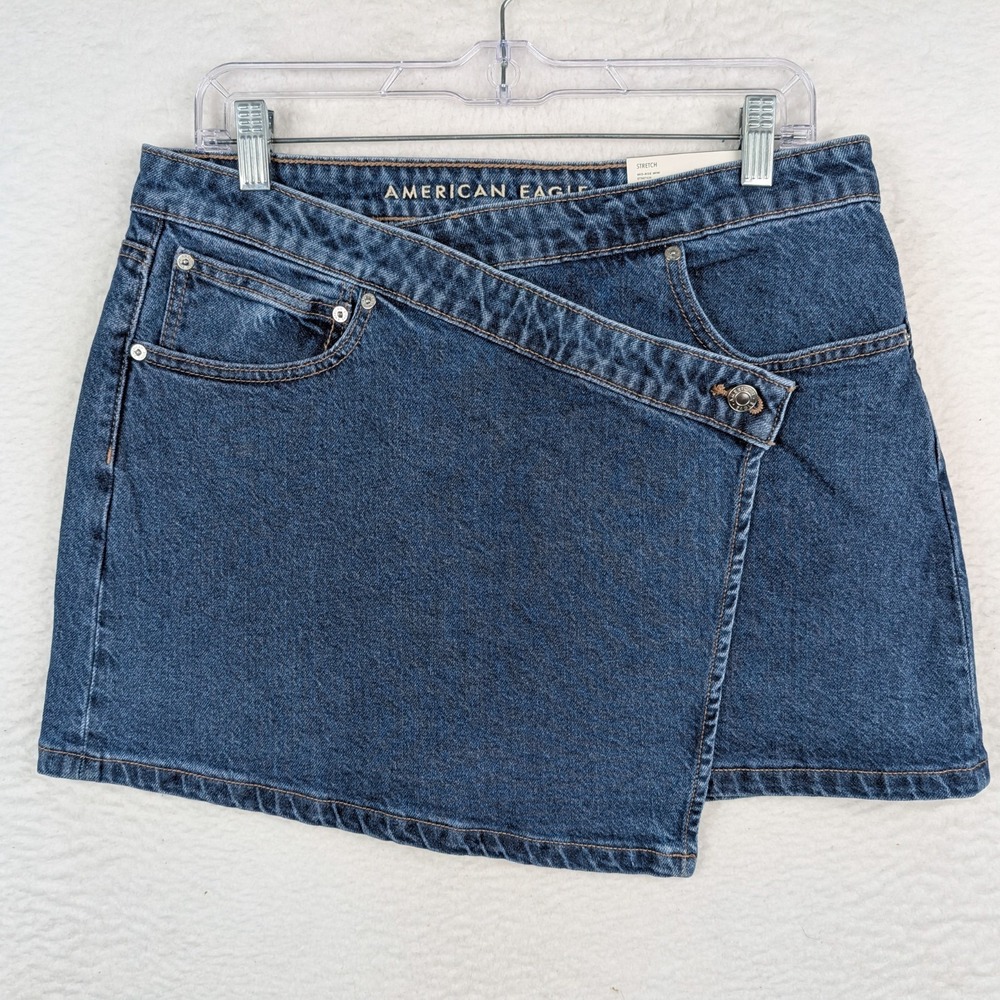 NWT American Eagle Crossover Denim Mini Skirt Size 10 Medium Wash Blue Stretch